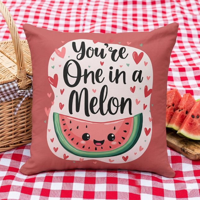 Kawaii "You're One in a Melon" Cute Watermelon Pun Cushion (Kawaii You're One in a Melon Cute Watermelon Pun Throw Pillow Mockup A)
