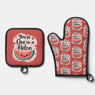 Kawaii "You're One in a Melon" Cute Watermelon Pun Oven Mitt & Pot Holder Set