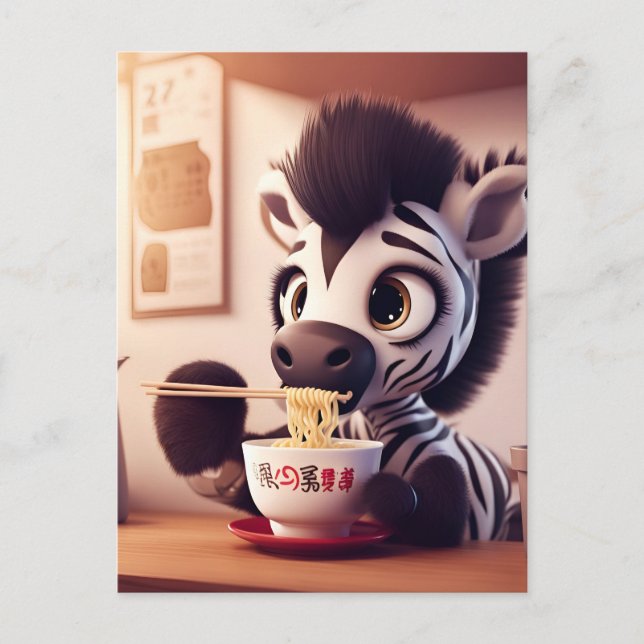 Kawaii Zebra Eating Ramen Postcard (Front)