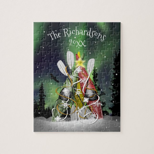 Kayak Christmas Tree Aurora Borealis family name Jigsaw Puzzle (Vertical)