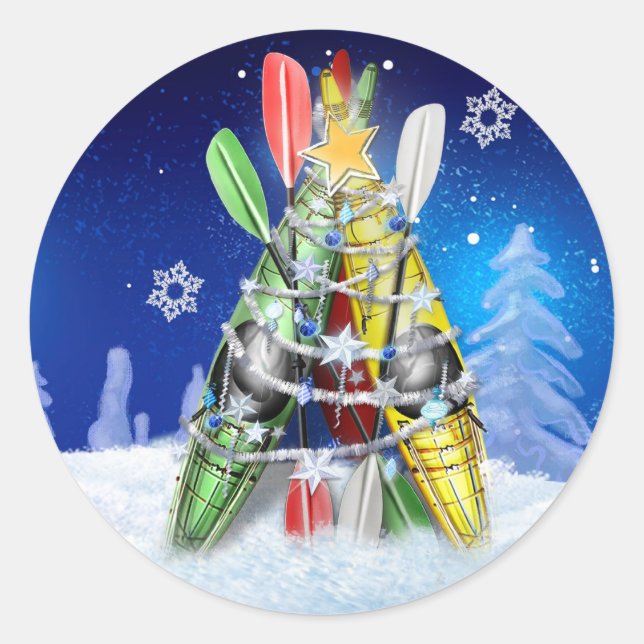 Kayak Christmas Tree Classic Round Sticker (Front)