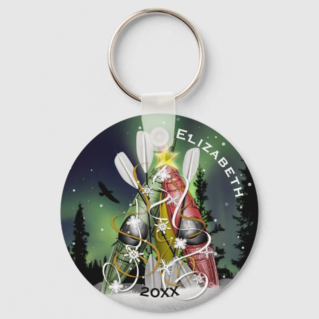 Kayak Christmas Tree under Aurora Borealis Key Ring (Front)