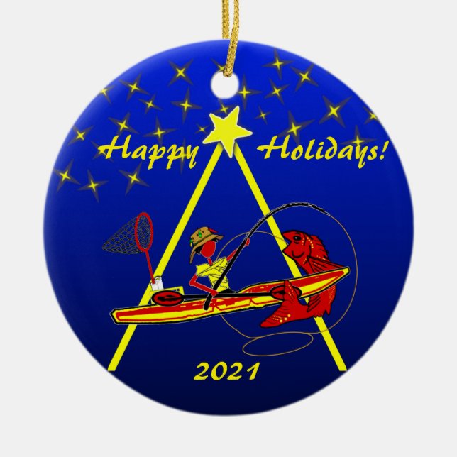 Kayak Fishing Happy Holidays Ceramic Ornament (Front)