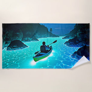Kayak in Glowing Water Design Beach Towel