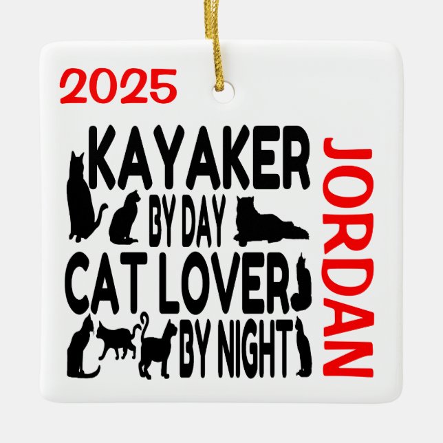 Kayaker Loves Cats CUSTOM Ceramic Ornament (Front)