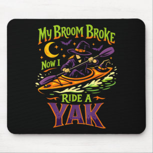 Kayaking kayak halloween witch broom broke ride a mouse pad