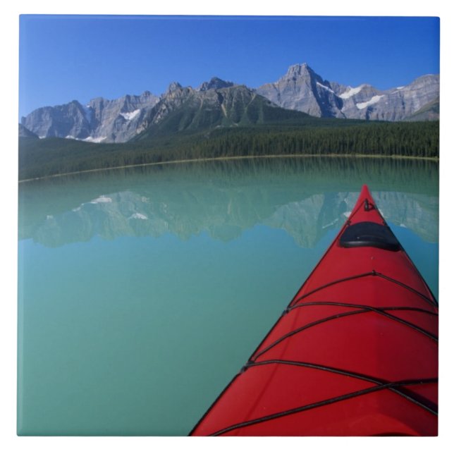 Kayaking on Waterfowl Lake below Howse Peak Ceramic Tile (Front)