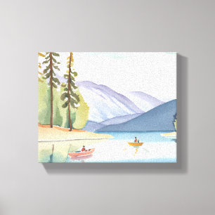 Kayaking the Lake Landscape Watercolor Canvas Print