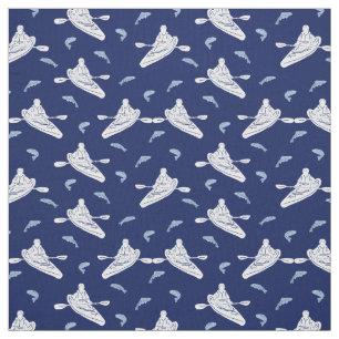 Kayaks and Fish Navy Blue and White Patterned Fabric