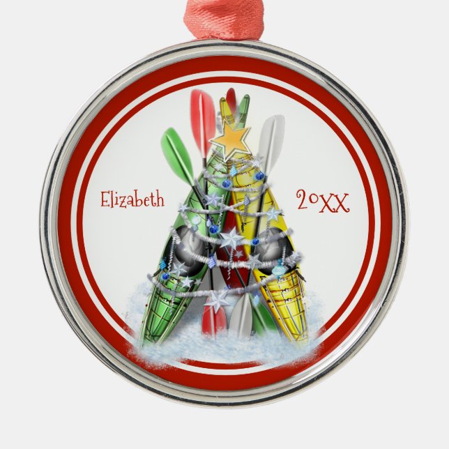 Kayaks decorated as Christmas tree personalised Metal Ornament (Front)