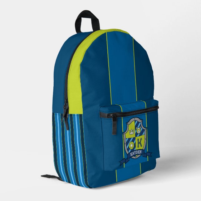 Kayden name meaning green blue bear crest stripe printed backpack (Back Corner Left)