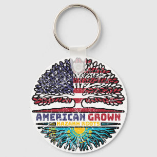 Kazakhstan Kazakh American USA Tree Roots Flag Key Ring