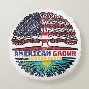 Kazakhstan Kazakh American USA Tree Roots Flag Round Cushion