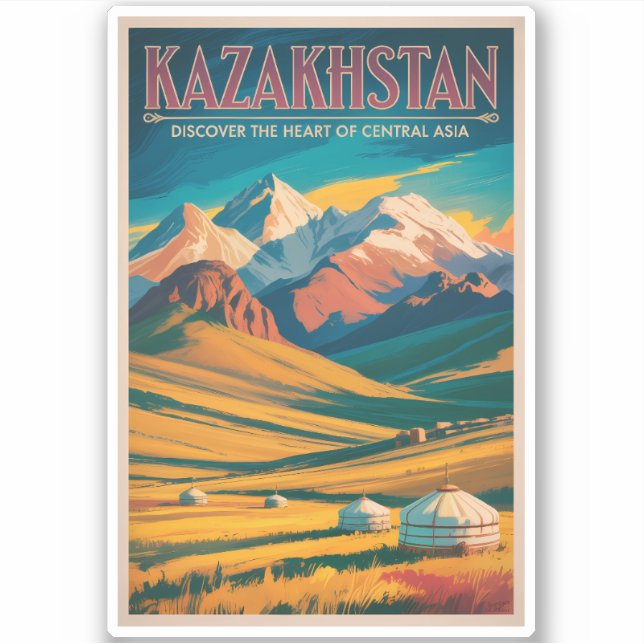 Kazakhstan Steppes Illustration Travel Art Vintage (Front)