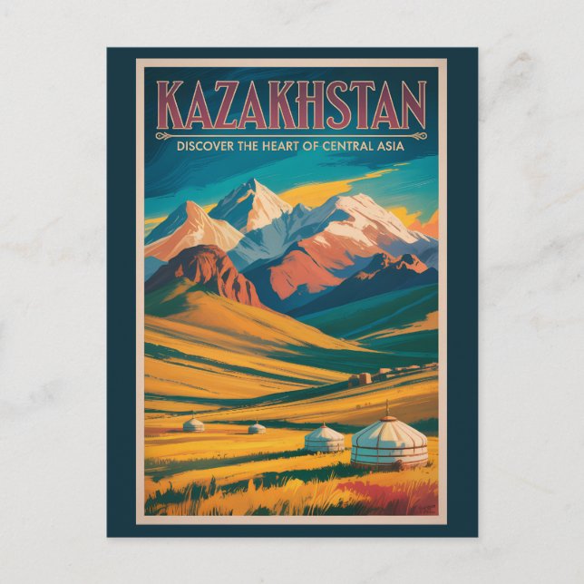 Kazakhstan Steppes Illustration Travel Art Vintage Postcard (Front)