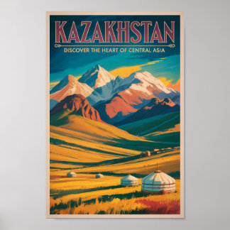 Kazakhstan Steppes Illustration Travel Art Vintage Poster