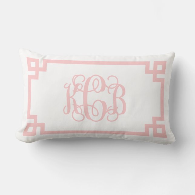 KCB Light Pink Greek Key Script Monogram Lumbar Cushion (Front)
