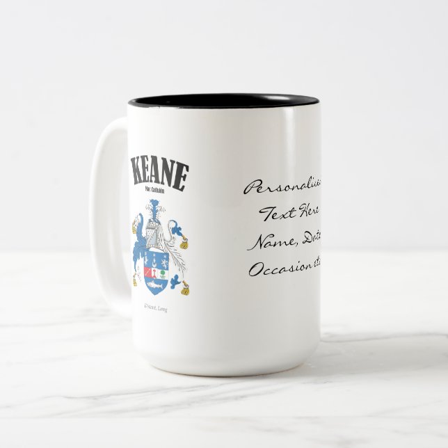 Keane Family Crest, Translation & Meaning Two-Tone Coffee Mug (Front Left)