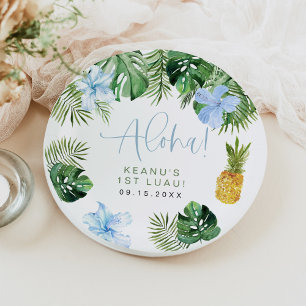 KEANU Tropical Blue Hibiscus Luau 1st Birthday Paper Plate