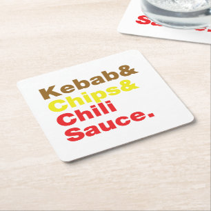 Kebab & Chips & Chilli Sauce. Square Paper Coaster