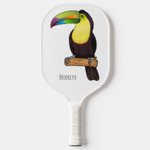 Keel-billed toucan bird cartoon illustration pickleball paddle