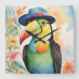 Keel-billed Toucan in Fedora Hat Square Wall Clock