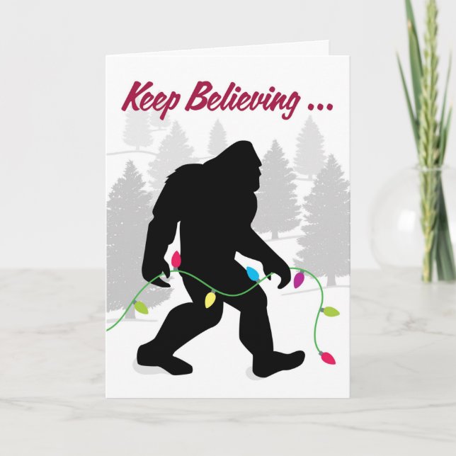 Keep Believing, Bigfoot with Christmas Tree Lights Holiday Card (Front)