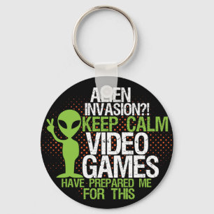 Keep Calm Alien Invasion Funny Gamers Keychain