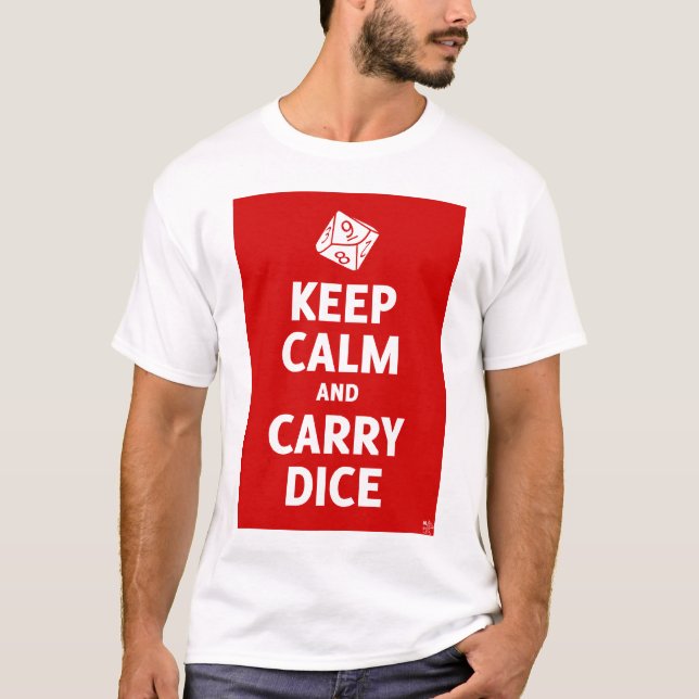 Keep Calm and Carry Dice t-shirt (d10, red) (Front)