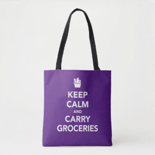 KEEP CALM AND CARRY GROCERIES Purple & White Tote Bag