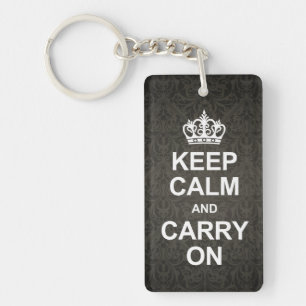 Keep calm and carry on - black damask key ring