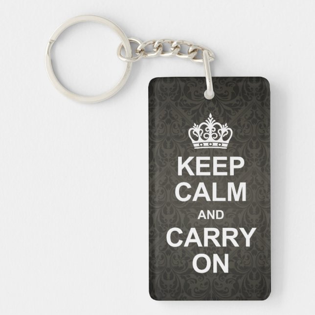 Keep calm and carry on - black damask key ring (Front)