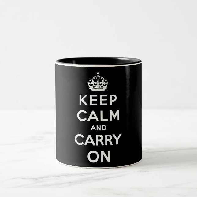 Keep Calm and Carry On (Black Design) Two-Tone Coffee Mug (Center)