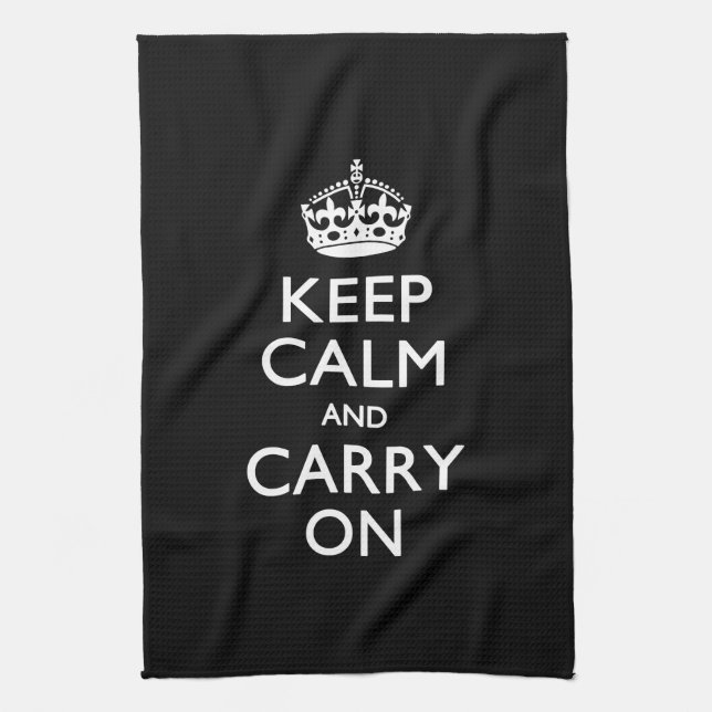 Keep Calm And Carry On Black Tea Towel (Vertical)