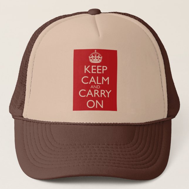 Keep Calm And Carry On: Fire Engine Red Trucker Hat (Front)