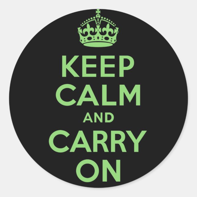 Keep Calm And Carry On Green and Black Classic Round Sticker (Front)