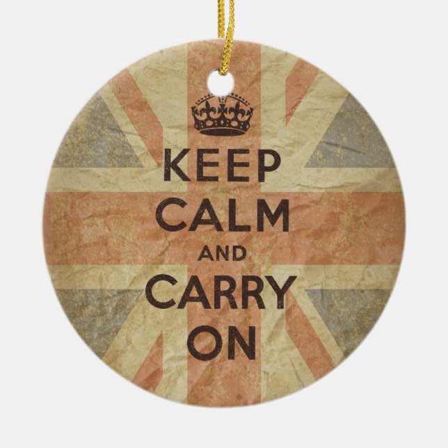 Keep Calm and Carry On with UK Flag Ceramic Tree Decoration (Front)