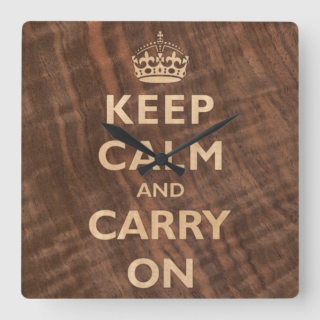 Keep Calm and Carry On Wood Veneer Square Wall Clock (Front)