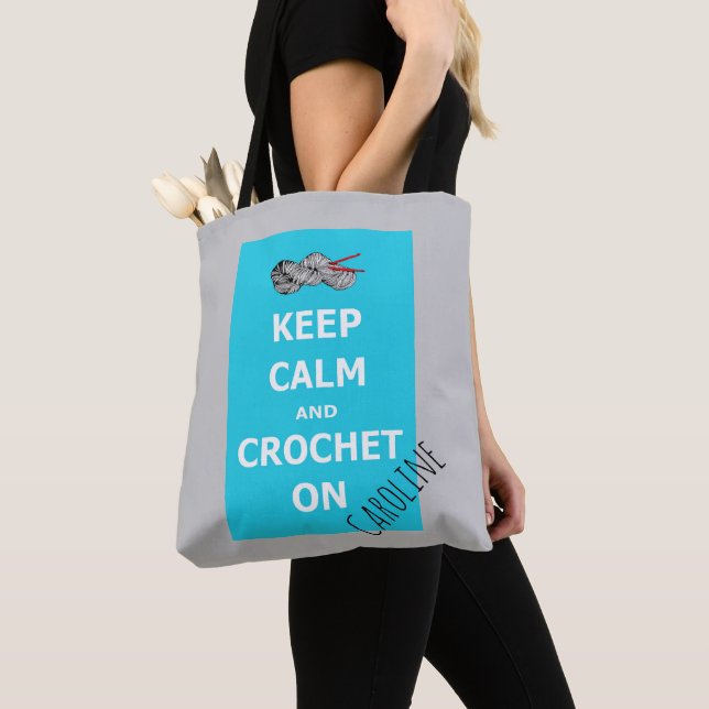 Keep Calm and Crochet On - with your name - blue Tote Bag (Close Up)