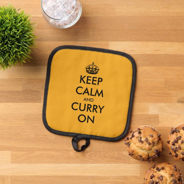 Keep calm and curry on funny yellow pot holder (Top Down)