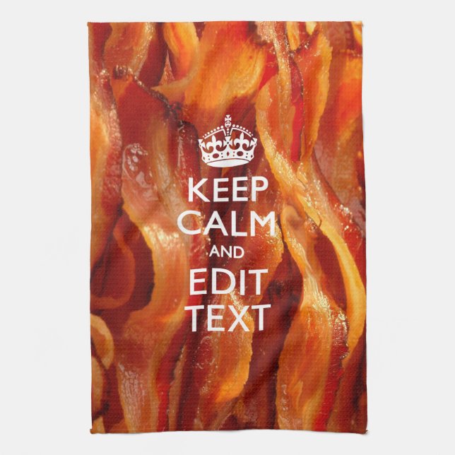 Keep Calm and Have Your Text on Sizzling Bacon Tea Towel (Vertical)