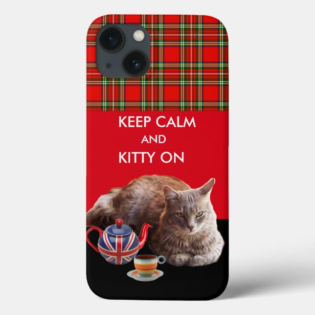 KEEP CALM AND KITTY ON ,RED TARTAN CAT TEA PARTY Case-Mate iPhone CASE (Back)