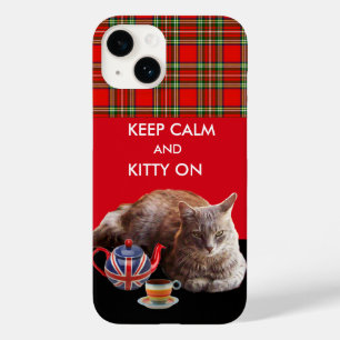 KEEP CALM AND KITTY ON ,RED TARTAN CAT TEA PARTY Case-Mate iPhone 14 CASE