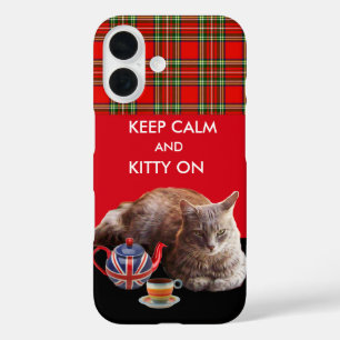 KEEP CALM AND KITTY ON ,RED TARTAN CAT TEA PARTY iPhone 16 CASE