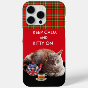 KEEP CALM AND KITTY ON ,RED TARTAN CAT TEA PARTY iPhone 15 PRO MAX CASE