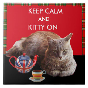 KEEP CALM AND KITTY ON ,RED TARTAN CAT TEA PARTY CERAMIC TILE