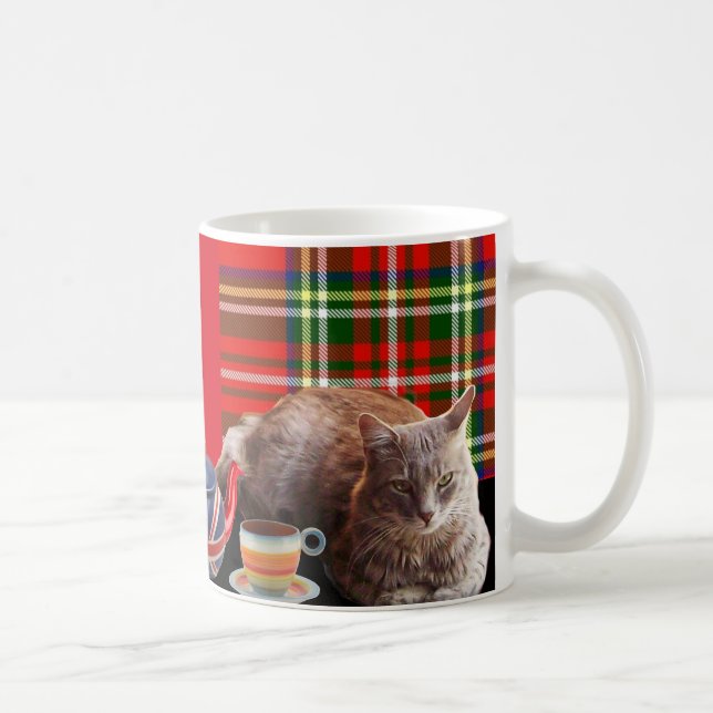 "KEEP CALM AND KITTY ON" ,RED TARTAN,CAT TEA PARTY COFFEE MUG (Right)