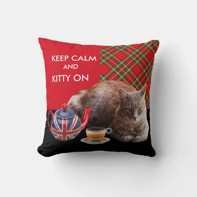 "KEEP CALM AND KITTY ON" ,RED TARTAN,CAT TEA PARTY CUSHION (Front)