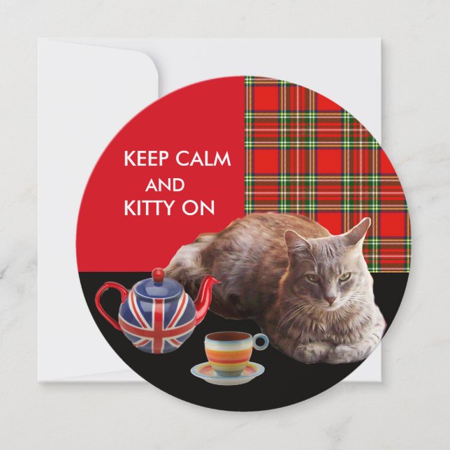 "KEEP CALM AND KITTY ON" ,RED TARTAN,CAT TEA PARTY INVITATION (Front)