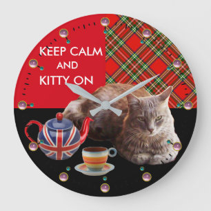 "KEEP CALM AND KITTY ON" ,RED TARTAN,CAT TEA PARTY LARGE CLOCK